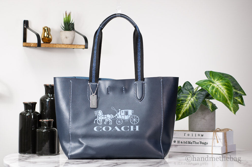 Coach (CG469) Derby Medium Navy Pebble Leather Horse Carriage Motif Tote Handbag