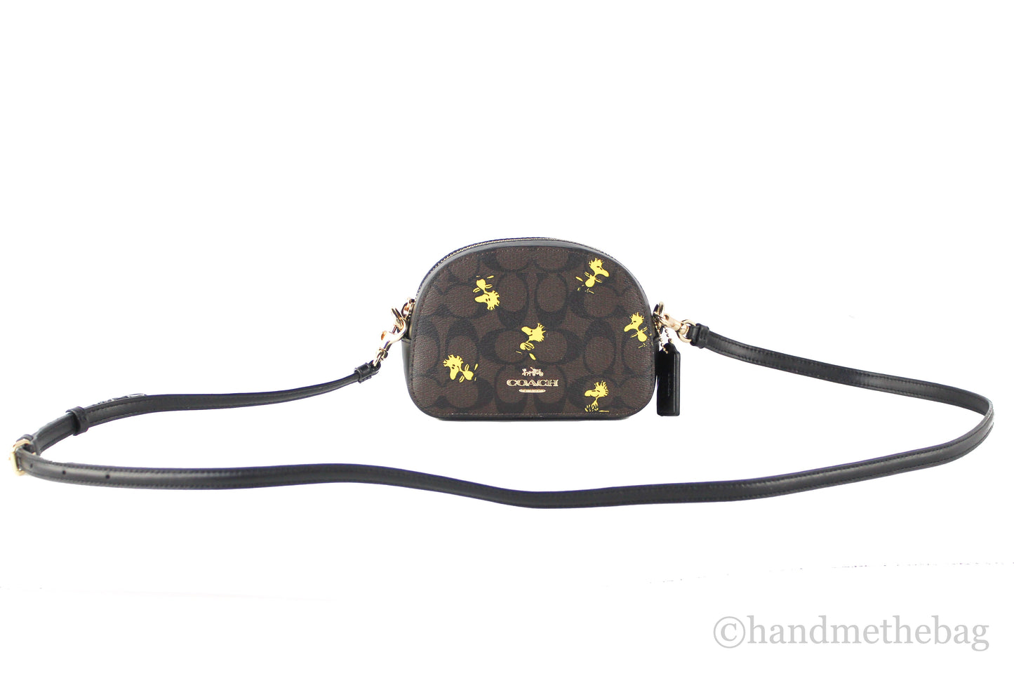 Coach X Peanuts Mini Serena Brown Black Signature Canvas Woodstock Crossbody Bag