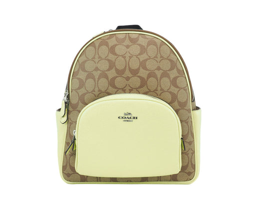 Coach (5671) Court Signature Leather Khaki/Pale Lime Medium Shoulder Backpack