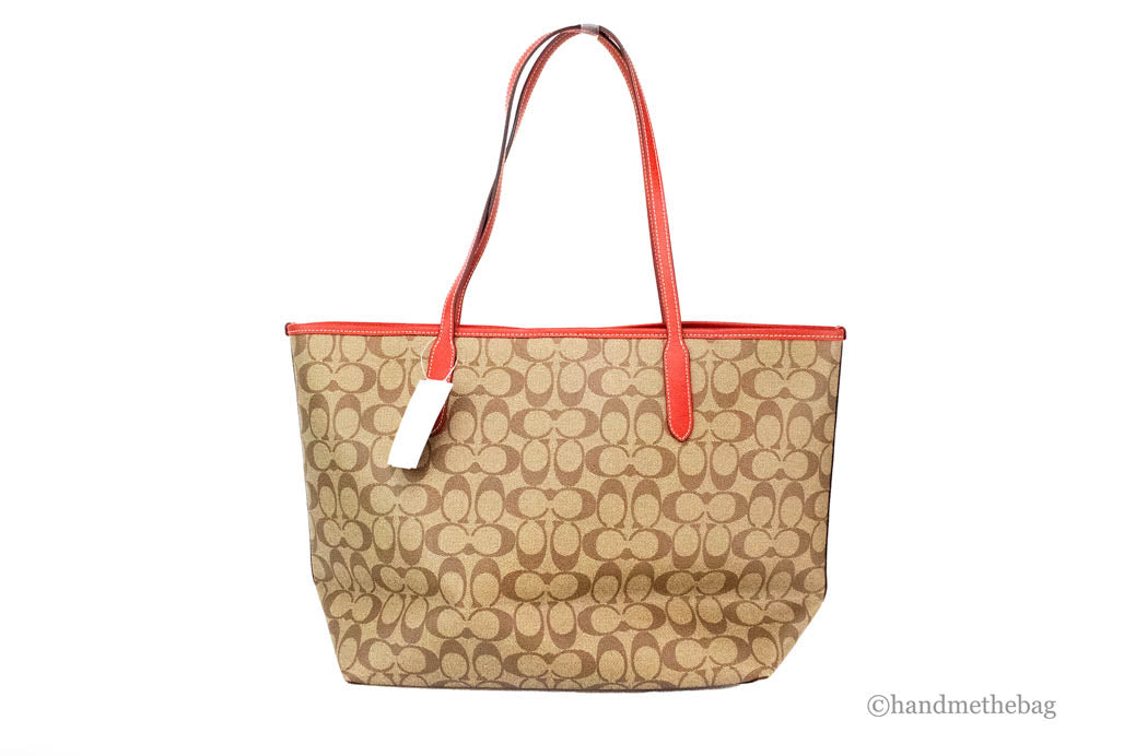 Coach (CH329) Khaki Red Wild Strawberry Coated Canvas City Tote Shoulder Handbag