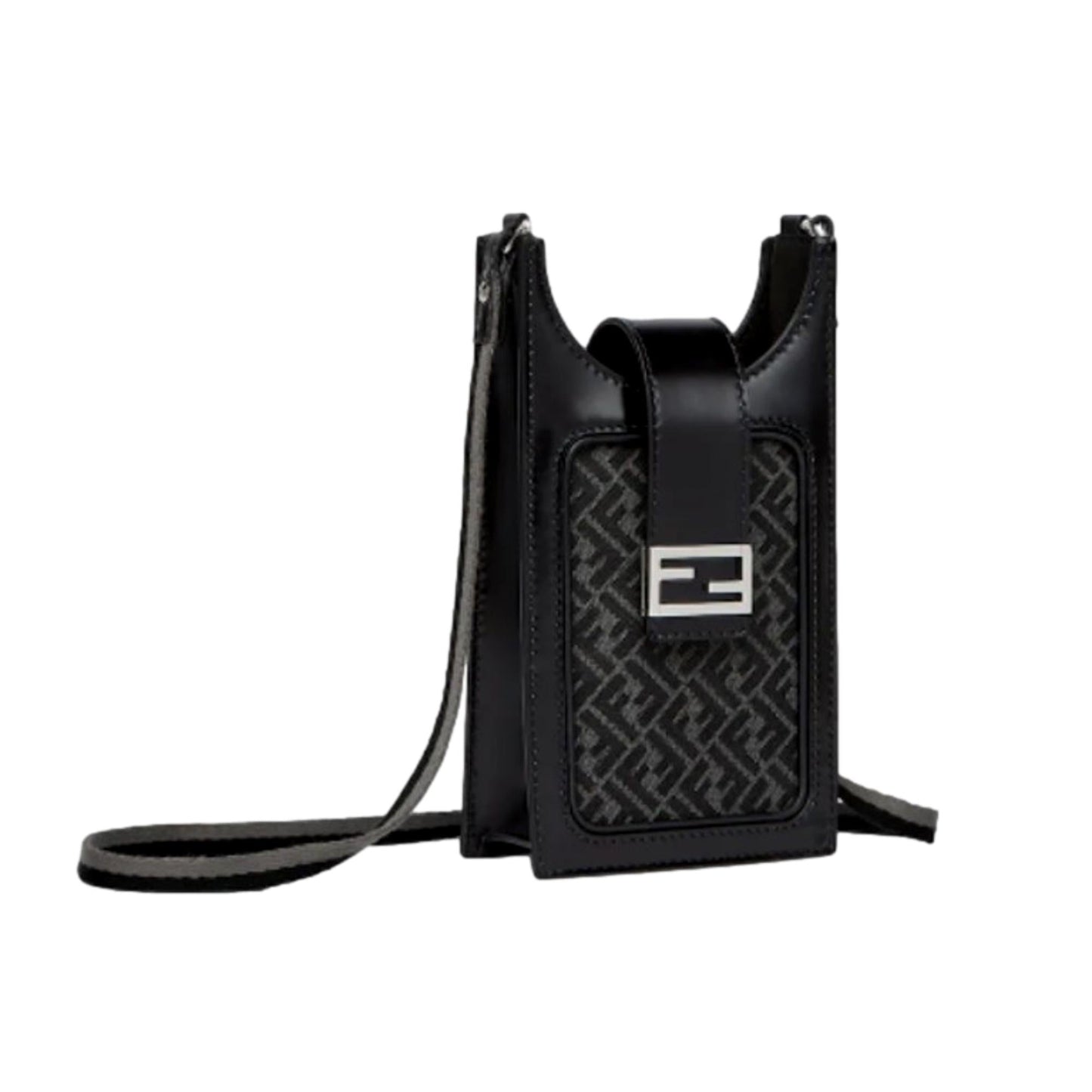 Fendi Baguette Black FF Canvas and Leather Phone Holder Crossbody Bag