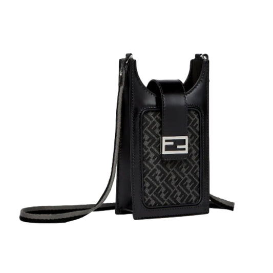 Fendi Baguette Black FF Canvas and Leather Phone Holder Crossbody Bag