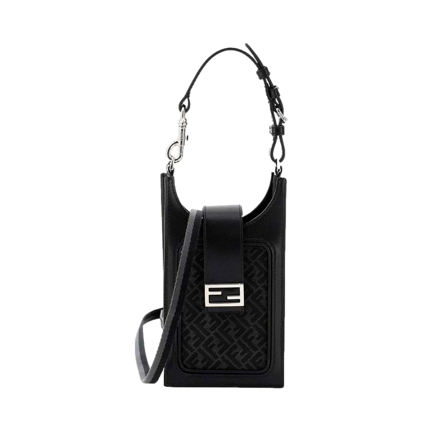 Fendi Baguette Black FF Canvas and Leather Phone Holder Crossbody Bag