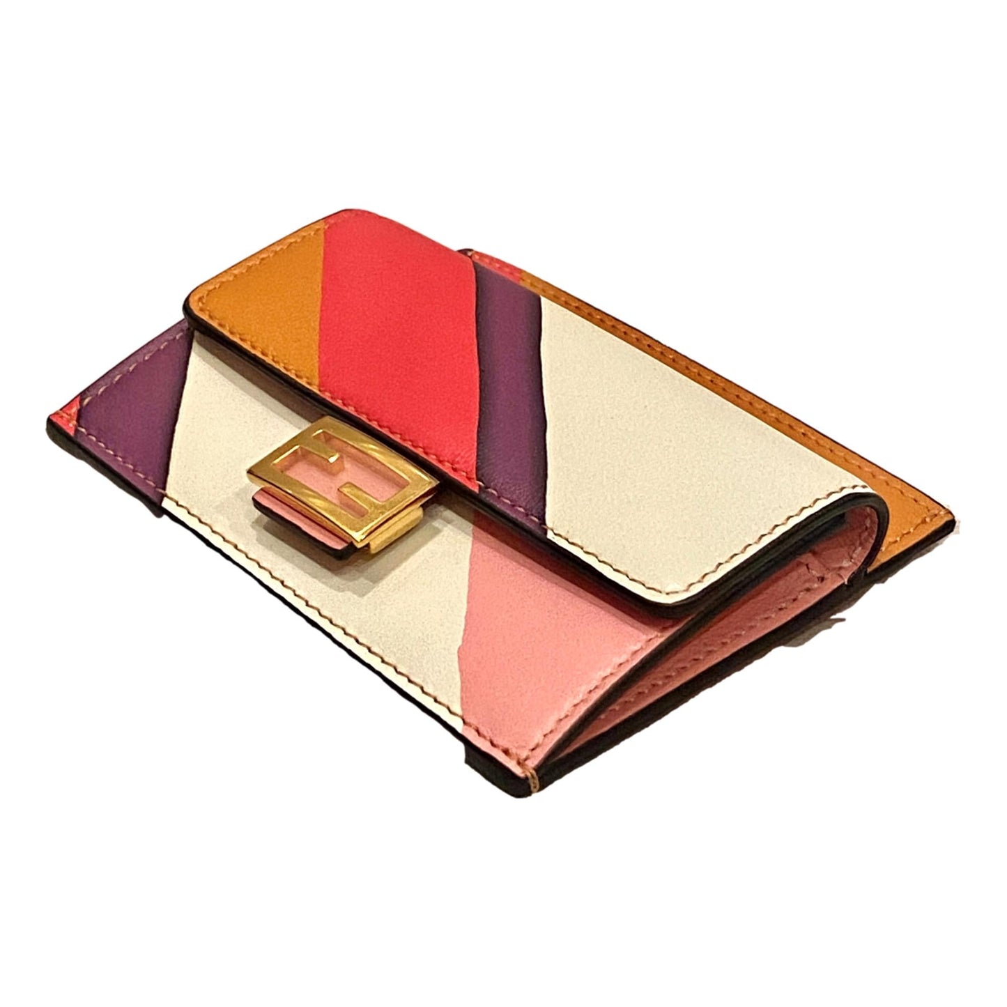 Fendi Baguette Hot Pink Stripe Leather Card Holder Wallet 8M0423