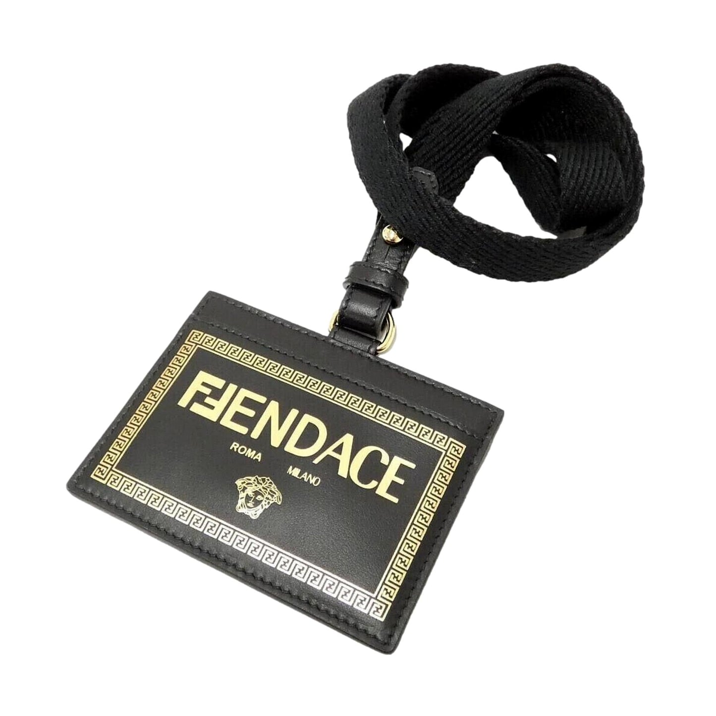 Fendi Fendace Black Leather Card Case Wallet Lanyard