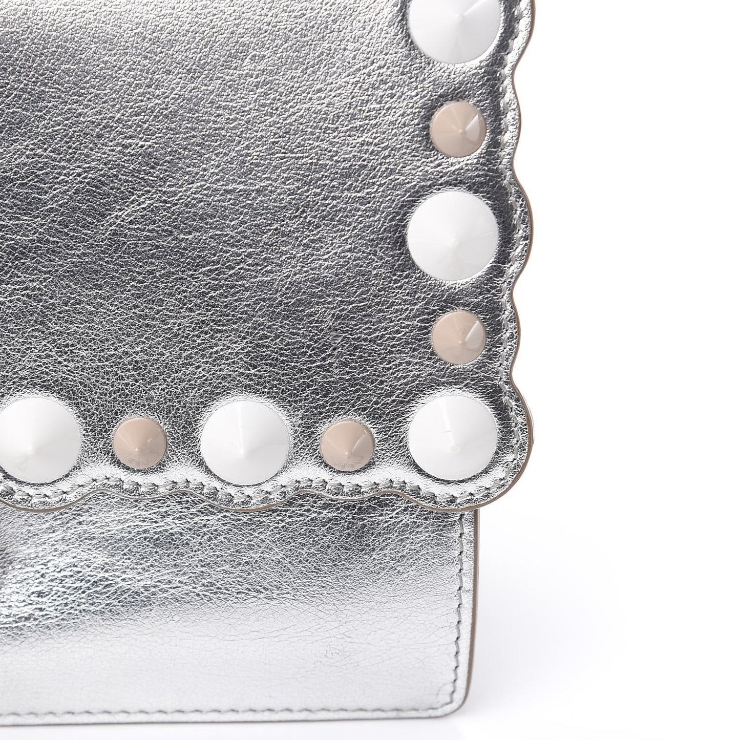 Fendi Kan I Metallic Silver Calfskin Scalloped Studded Bag 8M0381