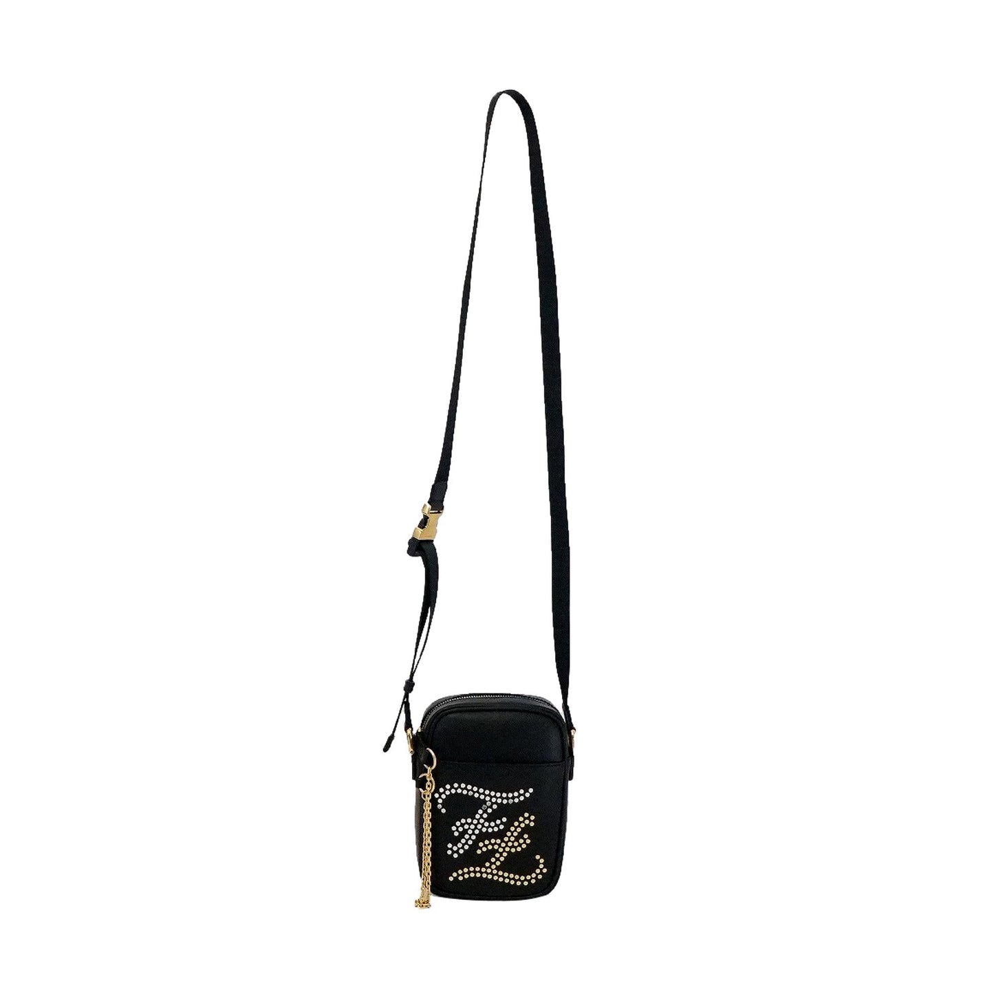 Fendi Karligraphy Studded Black Leather Small Crossbody Bag