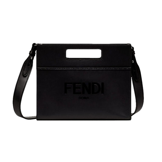 Fendi Logo 2-Way Smooth Black Leather Small Tote Bag 7VA547