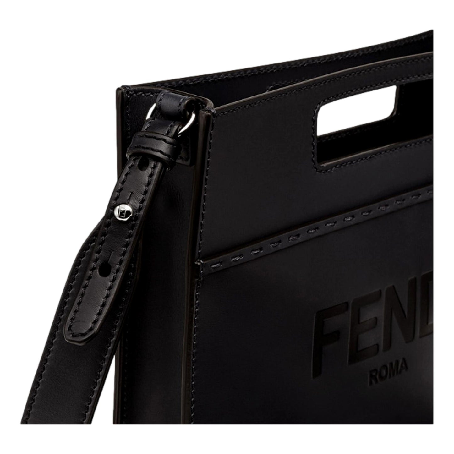 Fendi Logo 2-Way Smooth Black Leather Small Tote Bag 7VA547