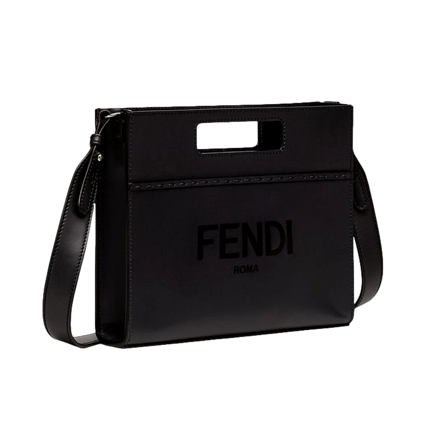 Fendi Logo 2-Way Smooth Black Leather Small Tote Bag 7VA547