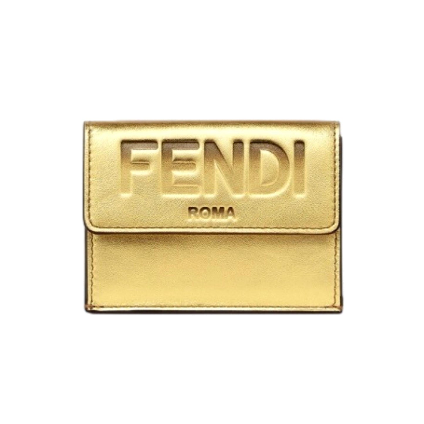 Fendi Roma Logo Metallic Gold Leather Micro Trifold Wallet 8M0395