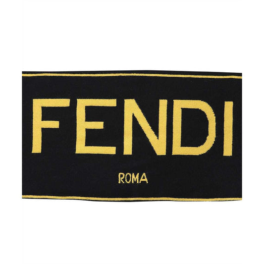 Fendi Roma Knitted Wool & Cashmere Black Yellow Logo Scarf FXS124