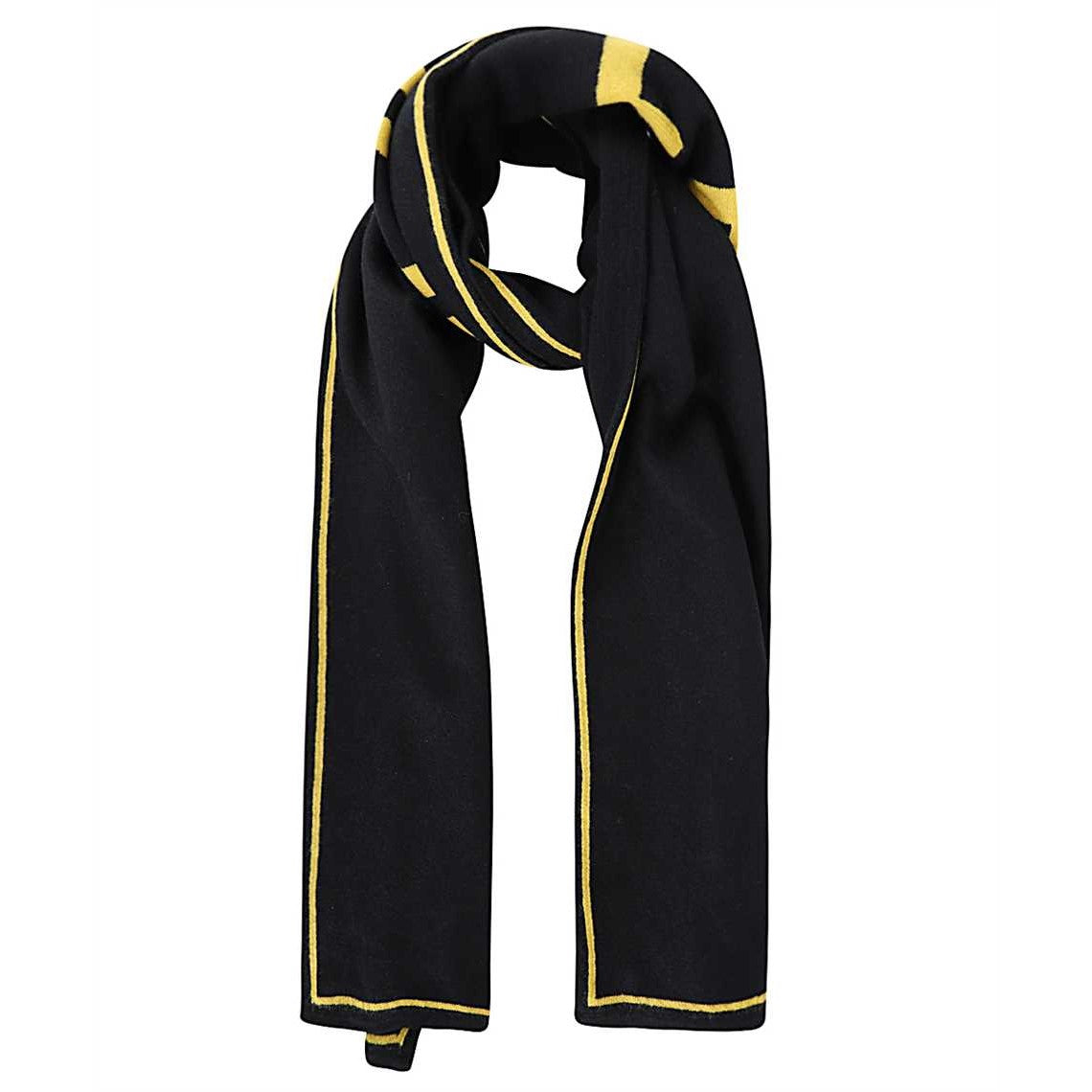 Fendi Roma Knitted Wool & Cashmere Black Yellow Logo Scarf FXS124