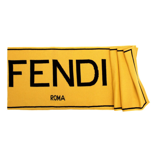 Fendi Roma Knitted Wool & Cashmere Yellow Black Logo Scarf FXS124