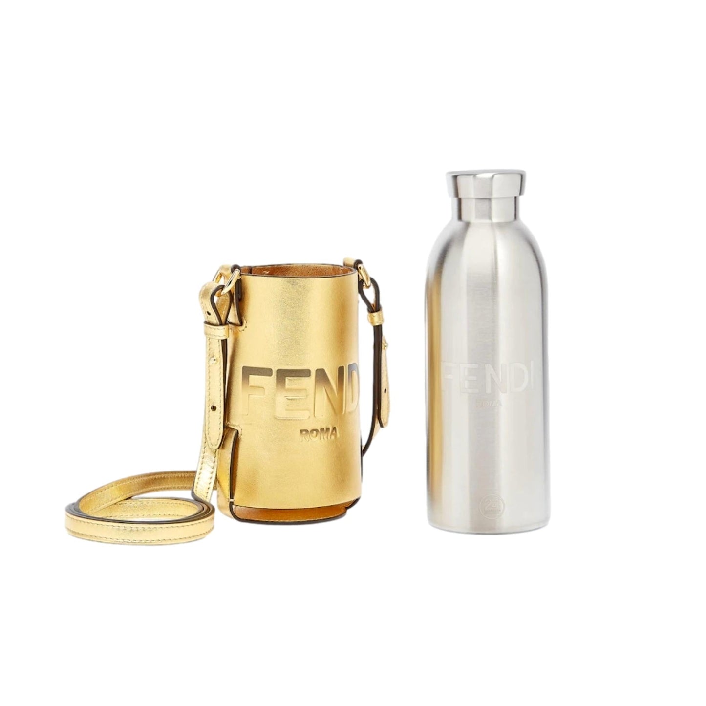 Fendi Roma Logo Steel Bottle and Gold Leather Holder Set 7AR972