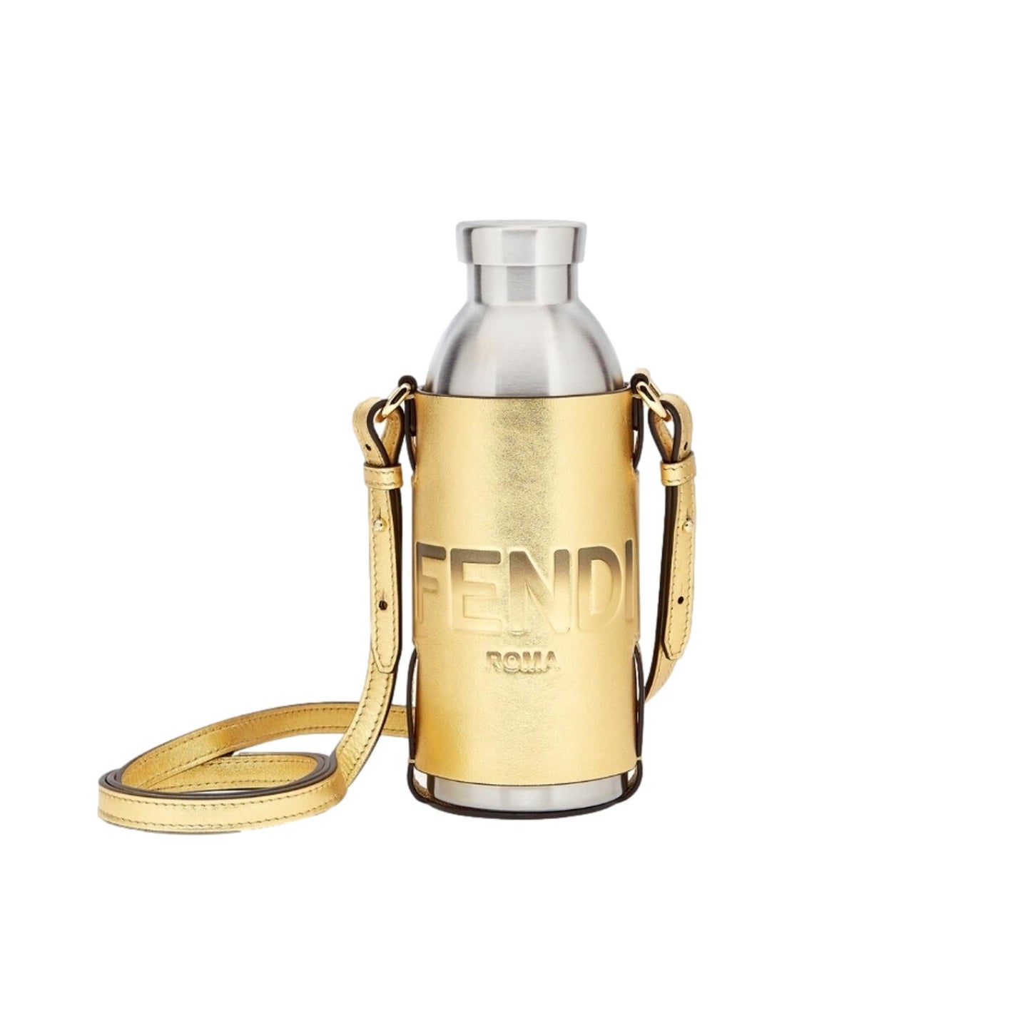 Fendi Roma Logo Steel Bottle and Gold Leather Holder Set 7AR972