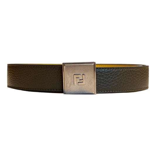 Fendi Yellow Brown Reversible Grained Leather Belt 100 7C0460