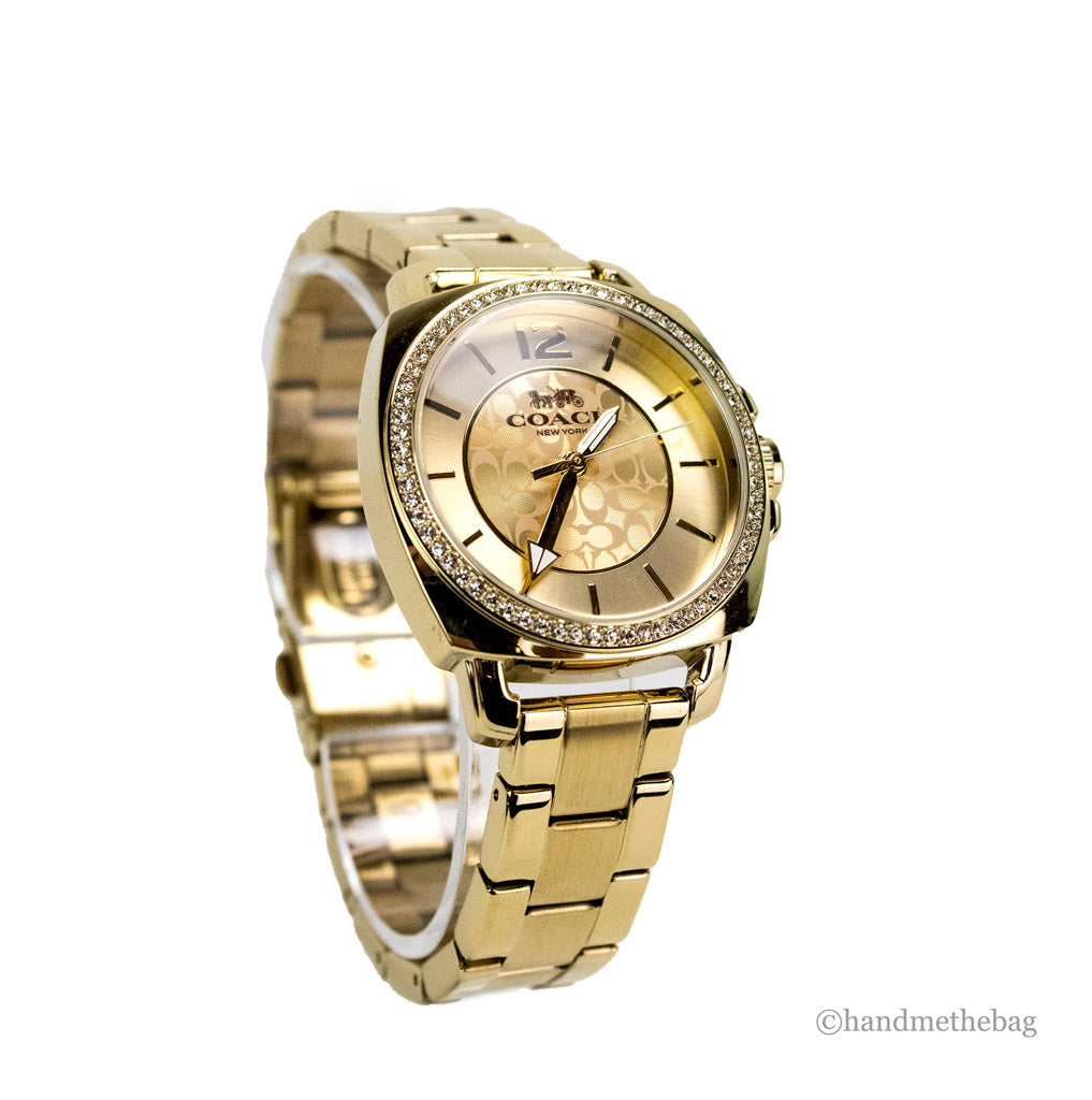 Coach (14503141) Boyfriend Crystal Bezel Logo Dial Yellow Gold Toned Wrist Watch