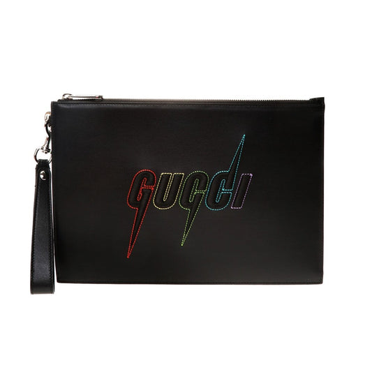 Gucci Blade Embroidered Black Leather Pouch Wristlet Bag 597678