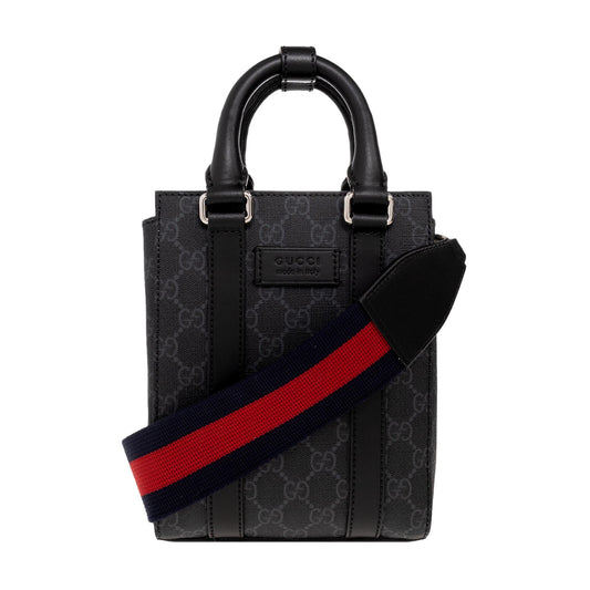 Gucci GG Supreme Monogram Black Canvas Leather Trim Web Strap Mini Tote Bag