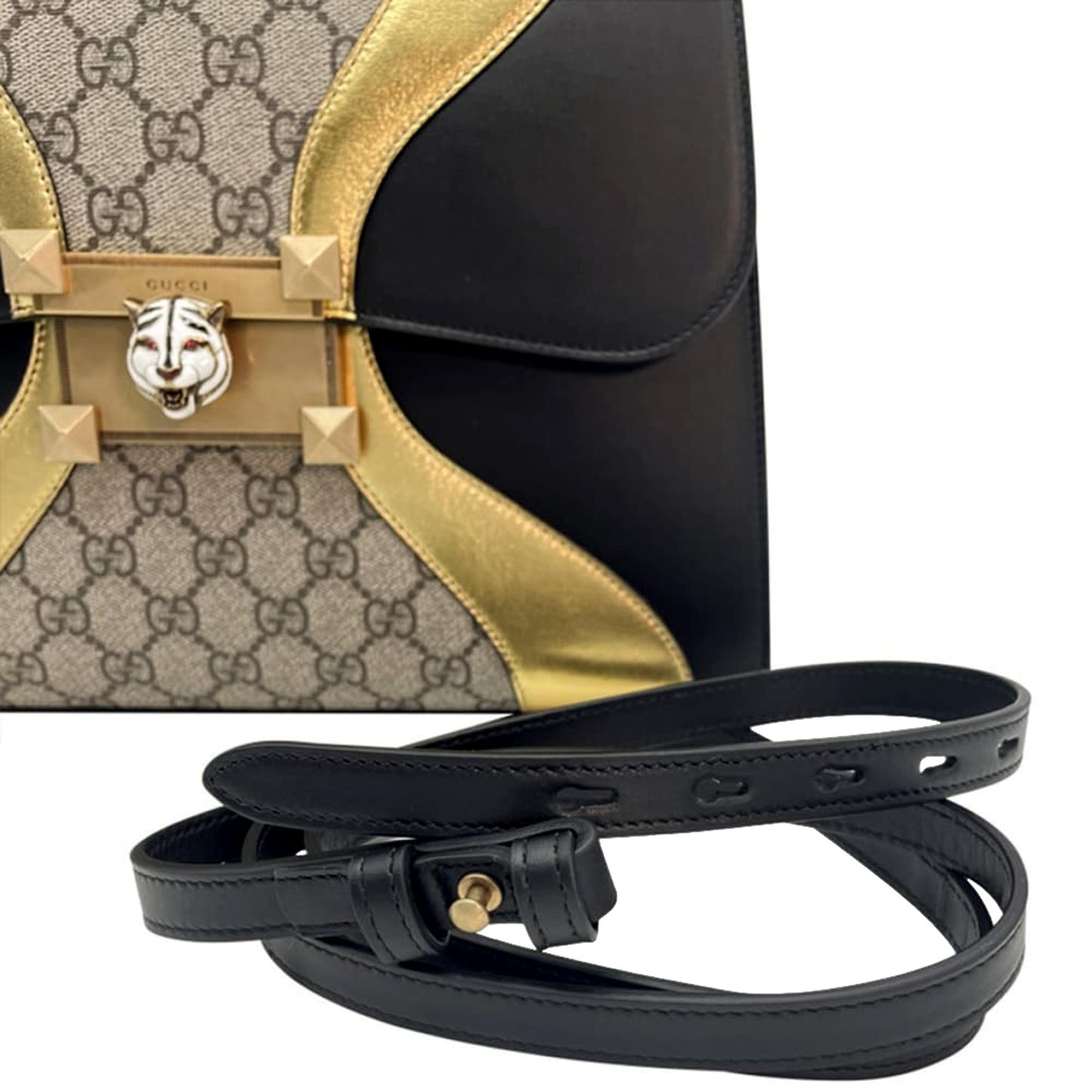 Gucci Osiride GG Supreme Monogram Top Handle Bag Black Gold