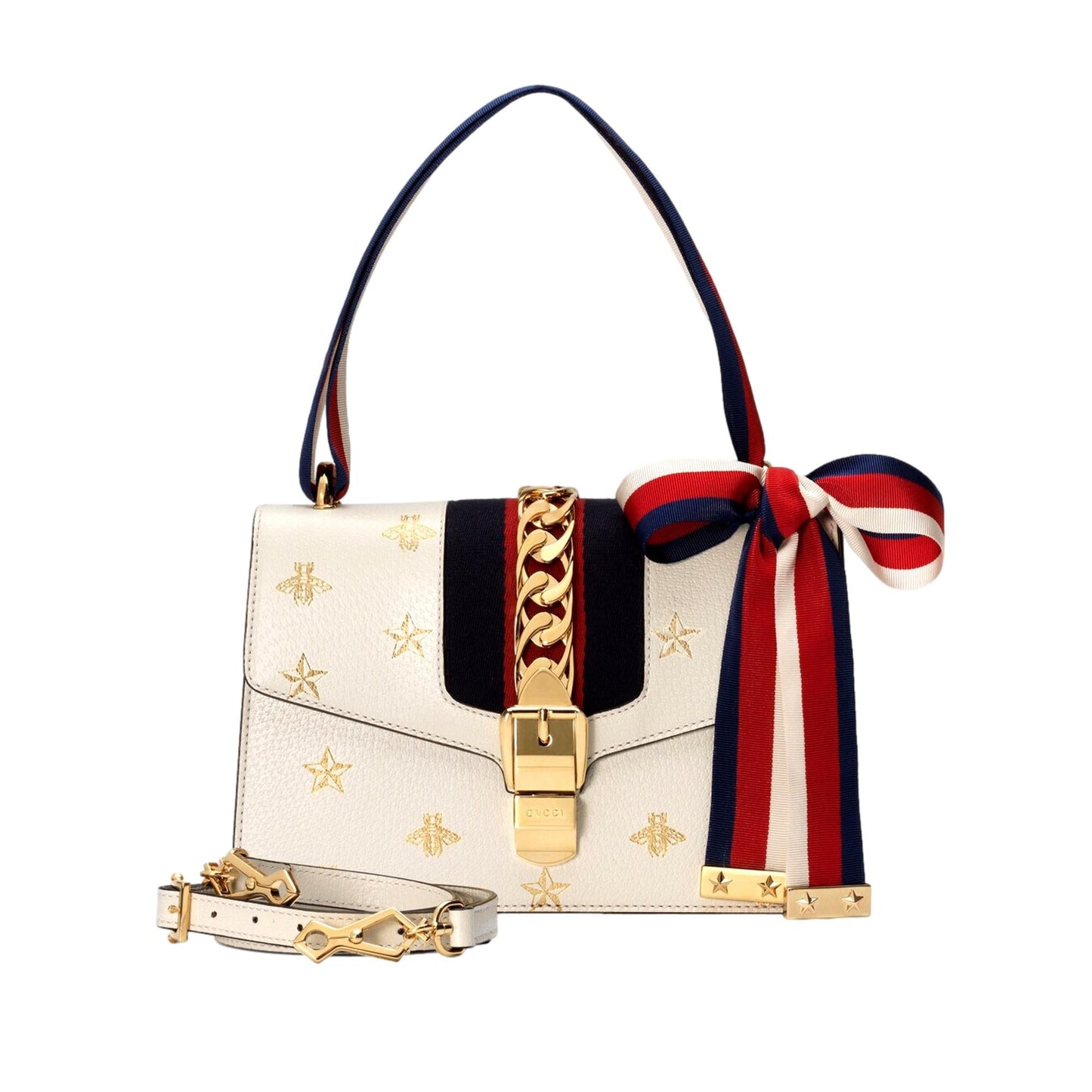 Gucci Sylvie Bee Star Ivory Leather Shoulder Bag