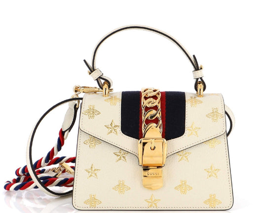 Gucci White Calfskin Mini Sylvie Bee Star Top Handle Bag