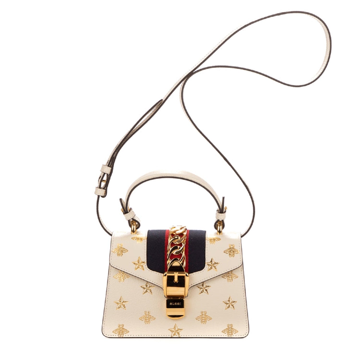 Gucci White Calfskin Mini Sylvie Bee Star Top Handle Bag