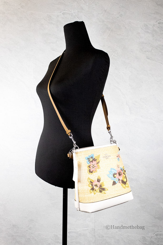 Coach (CJ573) Mollie 22 Straw Embroidered Florals Bucket Crossbody Handbag