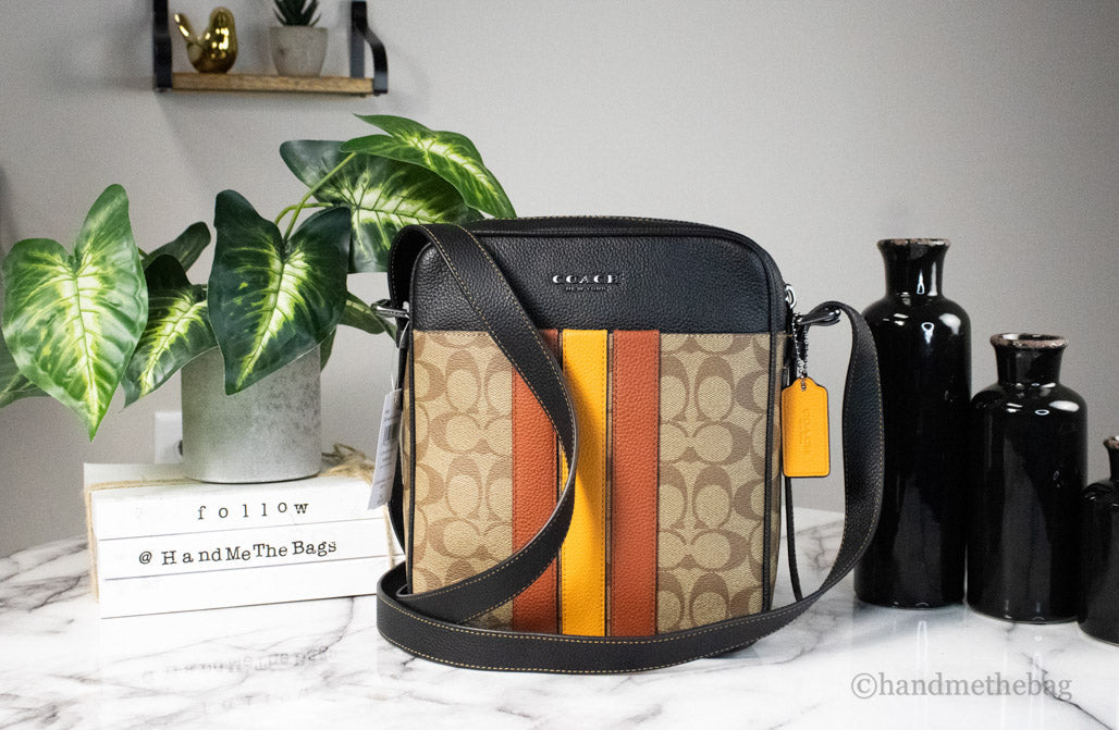 Coach (CB907) Hudson 21 Khaki/Terracotta Signature Varsity Stripe Coated Canvas Crossbody Bag