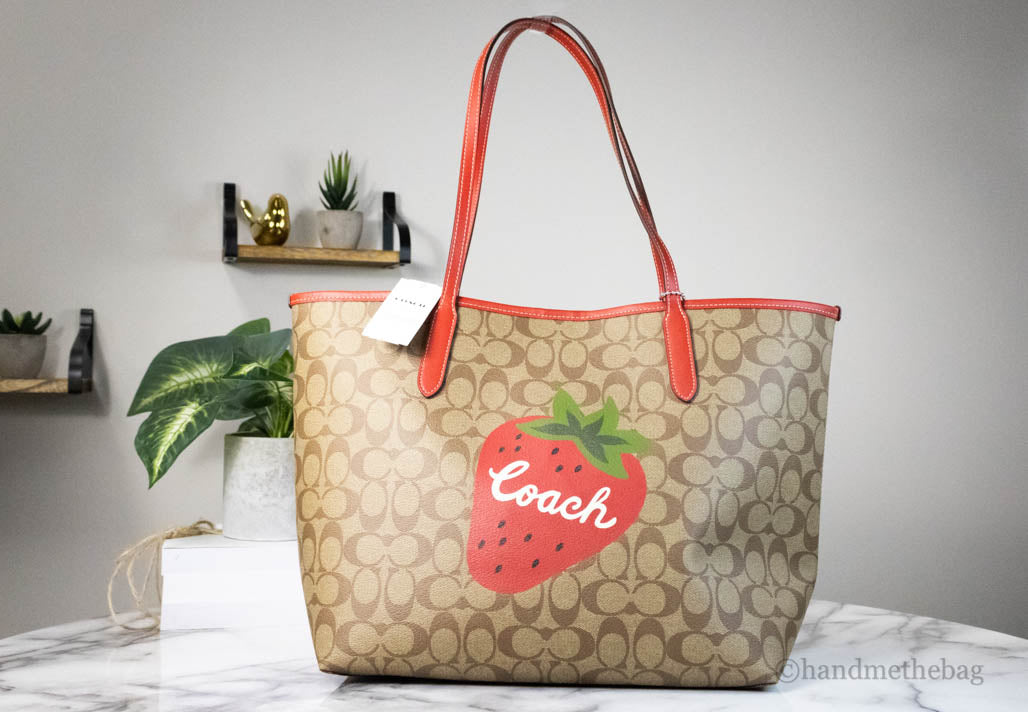 Coach (CH329) Khaki Red Wild Strawberry Coated Canvas City Tote Shoulder Handbag