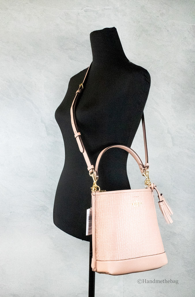 Coach (CH208) Mollie 22 Shell Pink Straw and Leather Bucket Crossbody Handbag