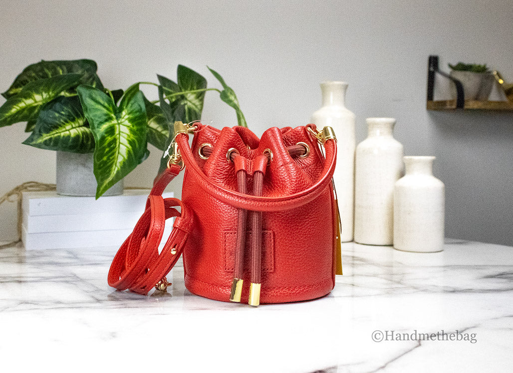 Marc Jacobs The Micro Bucket True Red Leather Top Handle Bucket Crossbody Bag