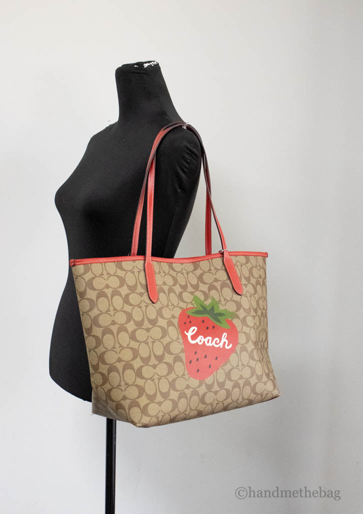 Coach (CH329) Khaki Red Wild Strawberry Coated Canvas City Tote Shoulder Handbag