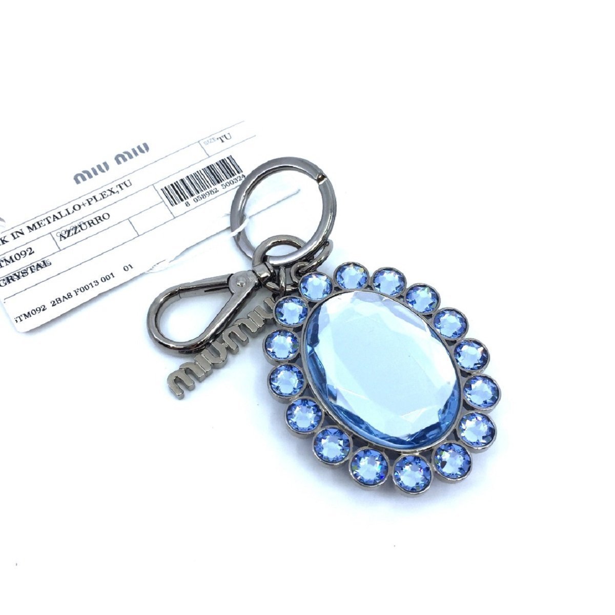 Miu Miu Trick Metallo Oval Crystal Blue Plex Charm Key Chain Key Ring 5TM092