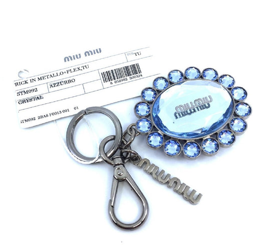 Miu Miu Trick Metallo Oval Crystal Blue Plex Charm Key Chain Key Ring 5TM092