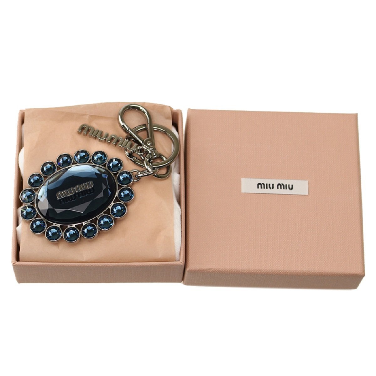 Miu Miu Trick Oval Charm Key Chain with Dark Blue Crystal 5TM092