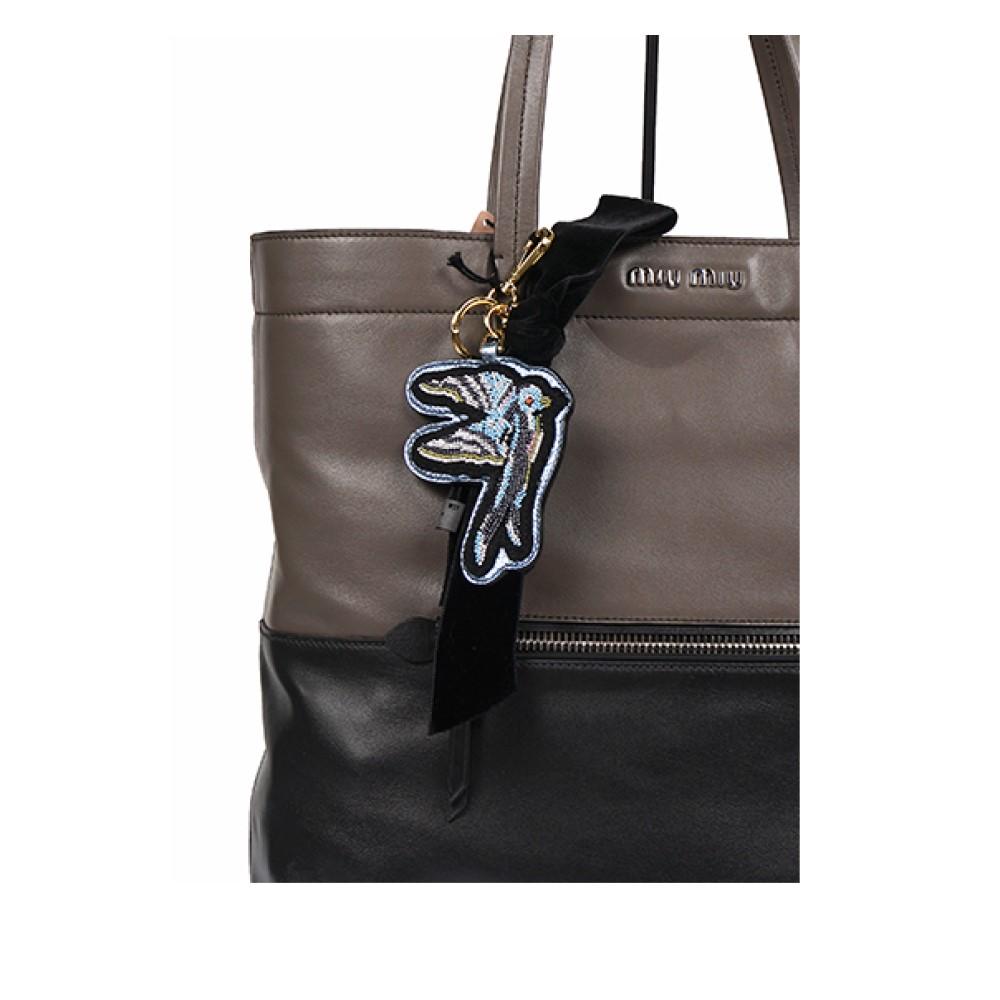 Miu Miu Trick Plex Blason Beaded Blue Bird Black Velvet Bow Keyring 5TL217