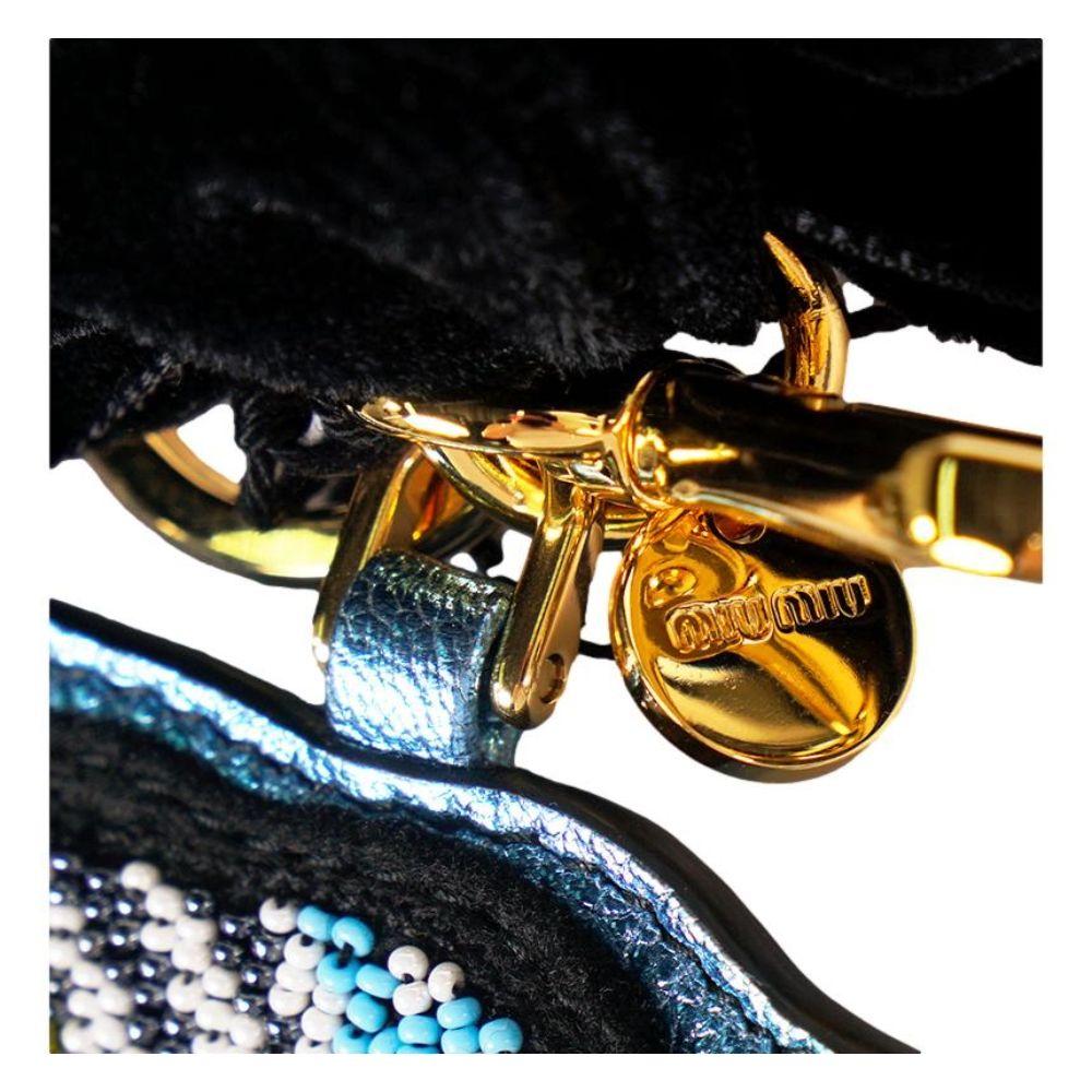 Miu Miu Trick Plex Blason Beaded Blue Bird Black Velvet Bow Keyring 5TL217