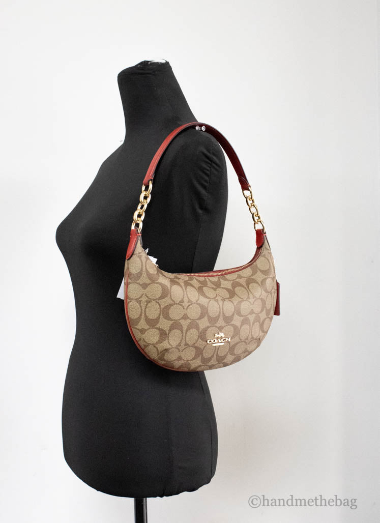 Coach (CE620) Payton Small Khaki Red Signature Coated Canvas Hobo Shoulder Bag