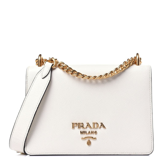 Prada Bianco White Black Saffiano Leather Chain Crossbody Bag