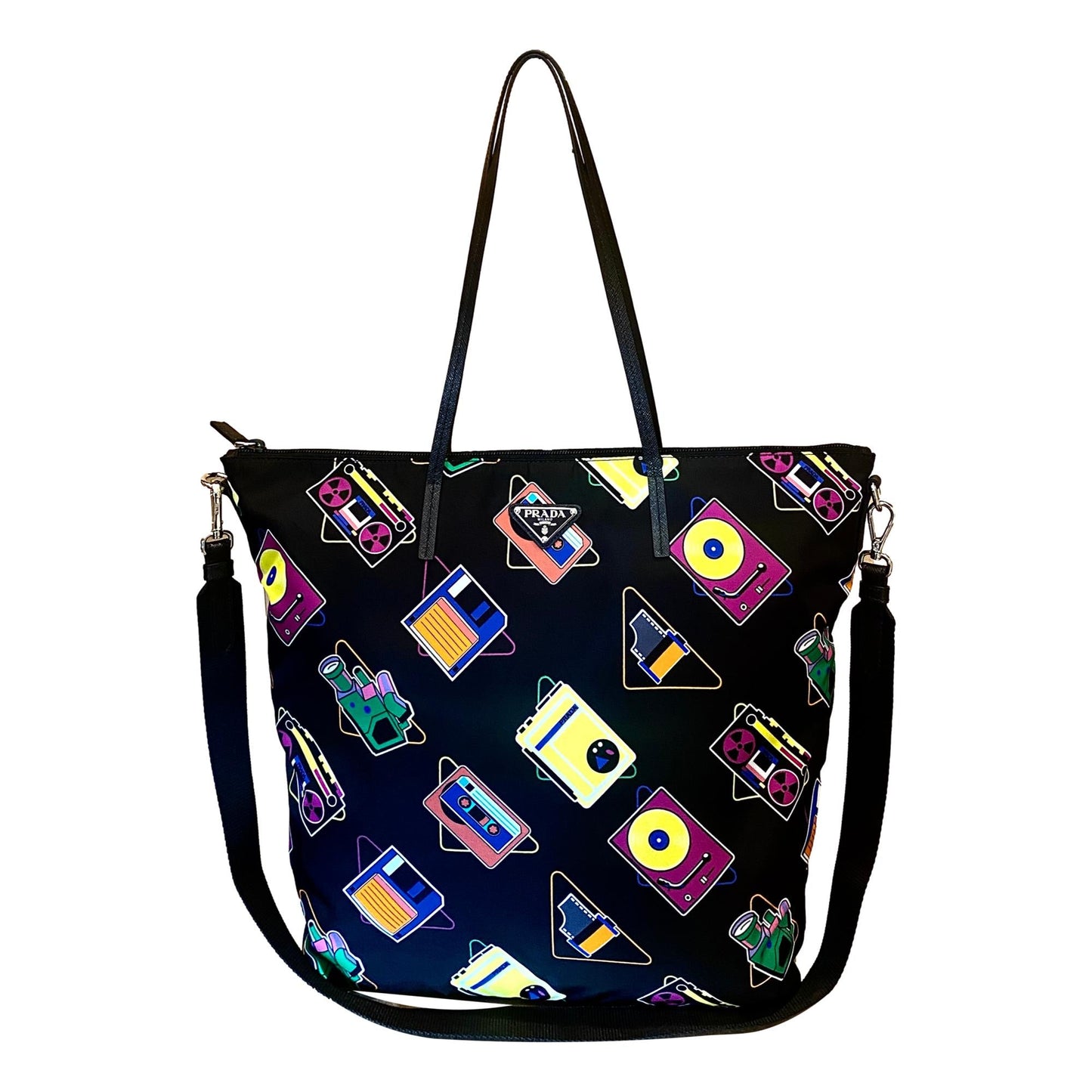 Prada Cassette Print Black Nylon Convertible Shopping Tote 1BG189