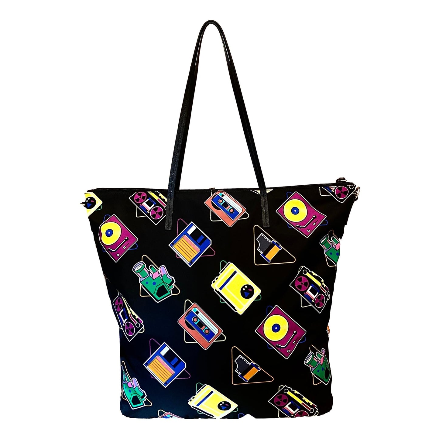 Prada Cassette Print Black Nylon Convertible Shopping Tote 1BG189