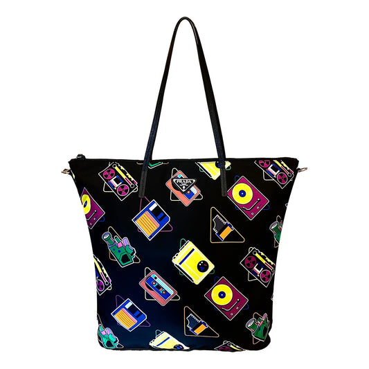 Prada Cassette Print Black Nylon Convertible Shopping Tote 1BG189