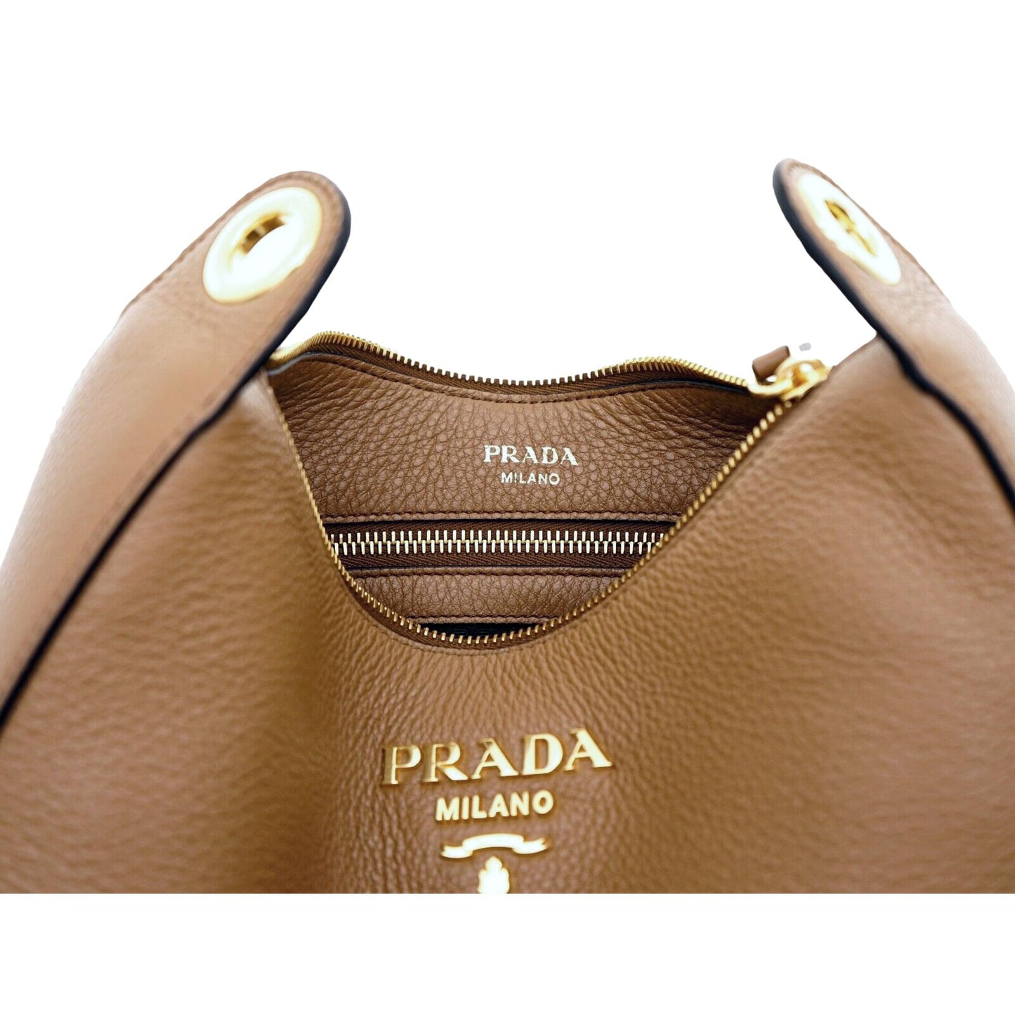 Prada Vitello Caramel Leather Bag Nylon Web Stripe Strap 1BC166