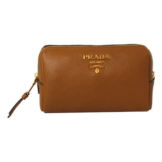 Prada Vitello Daino Cannella Brown Leather Cosmetic Pouch 1ND004