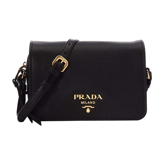 Prada Vitello Phenix Black Leather Flap Crossbody Bag 1BD163