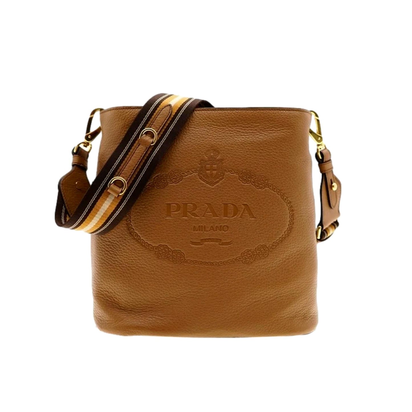 Prada Vitello Phenix Caramel Leather Stripe Strap Bucket Bag 1BE057