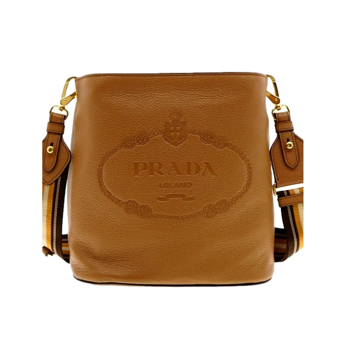 Prada Vitello Phenix Caramel Leather Stripe Strap Bucket Bag 1BE057