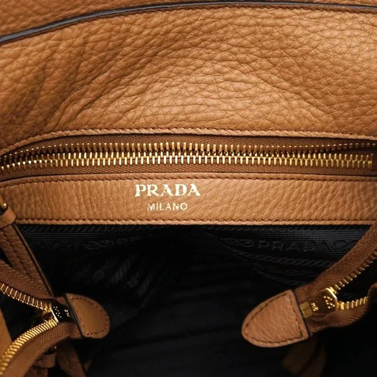 Prada Vitello Phenix Caramel Leather Stripe Strap Bucket Bag 1BE057